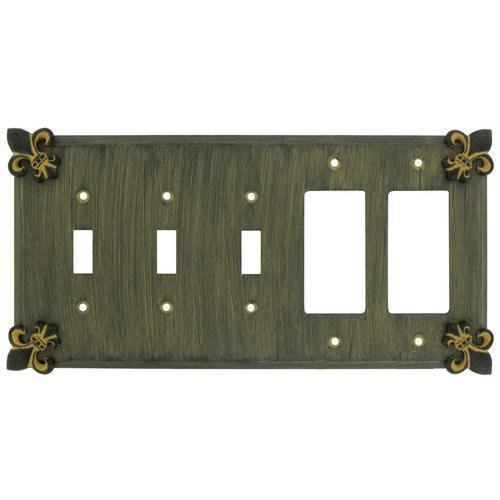 Fleur De Lis 3 Toggle/2 Rocker Switchplate in Pewter with Cherry Wash