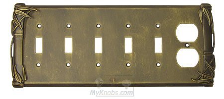Bamboo Switchplate Combo Duplex Outlet Five Gang Toggle Switchplate in Antique Gold