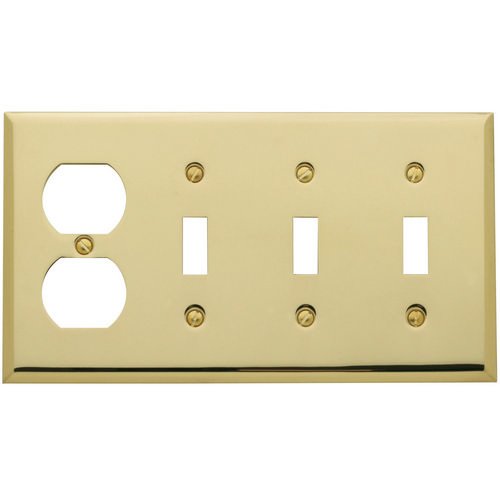 Triple Toggle/Single Duplex Outlet Combination Beveled Edge Switchplate in Polished Brass