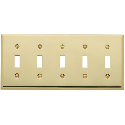 Five Gang Toggle Beveled Edge Switchplate in Polished Brass