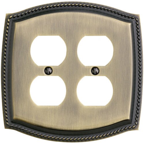 Double Duplex Outlet Rope Switchplate in Satin Brass & Black