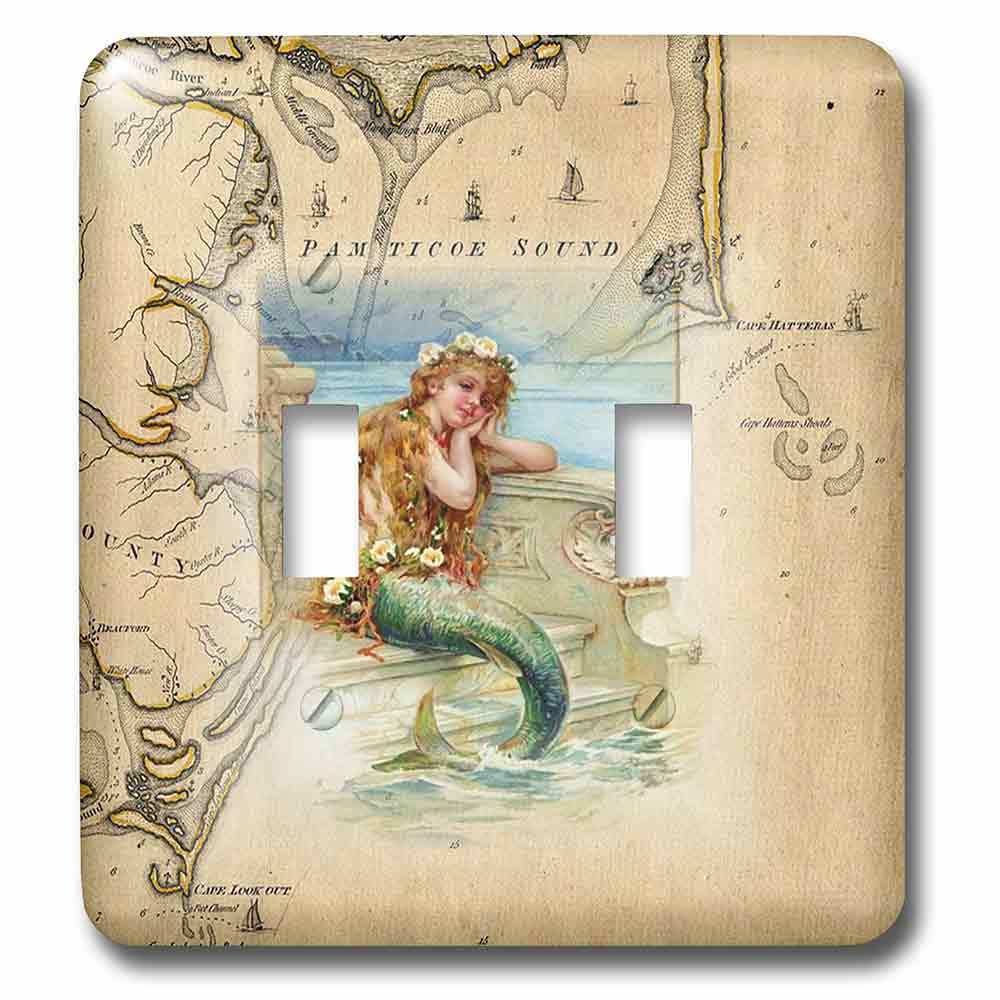 Double Toggle Wall Plate With Print Of Vintage Map Outer Banks With Mermaid