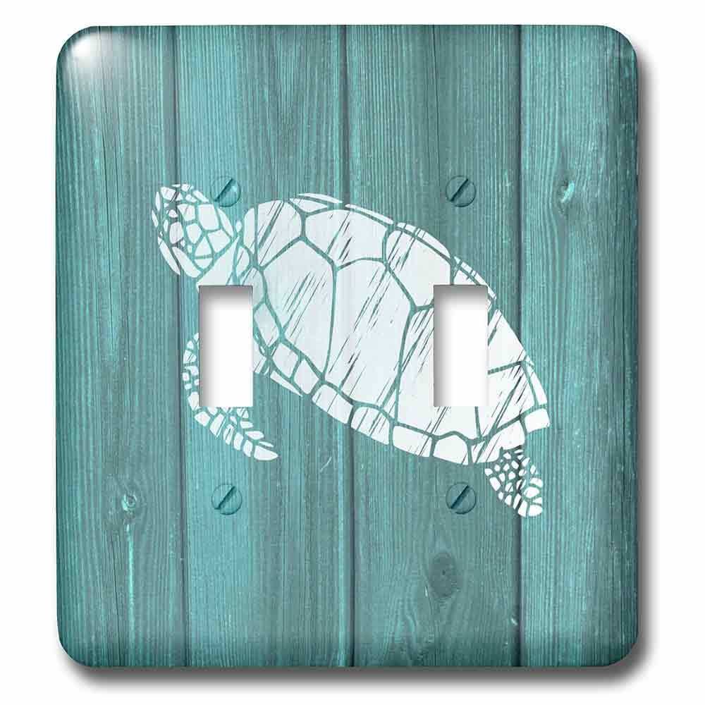 Double Toggle Wallplate With Turtle Stencil In White Over Teal Weatherboard (Not Real Wood)