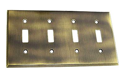 Square Bevel Quadruple Toggle Switchplate in Antique Brass