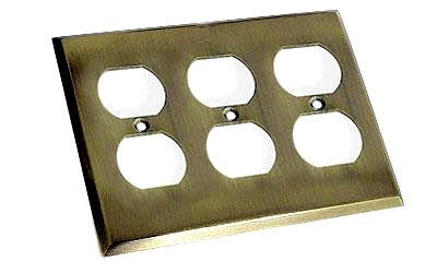 Square Bevel Triple Duplex Outlet Switchplate in Antique Brass