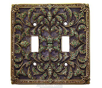 Double Toggle Switchplate Erinite Green Swarovski Crystal in Museum Gold