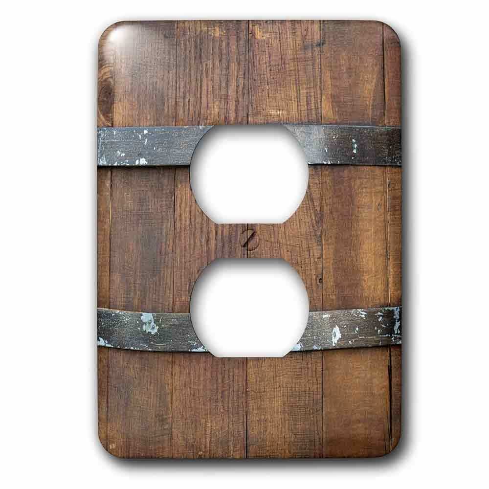 Single Duplex Wallplate With Image Of A Wooden Barrel, Metal Bands. Closeup View. Wooden Texture