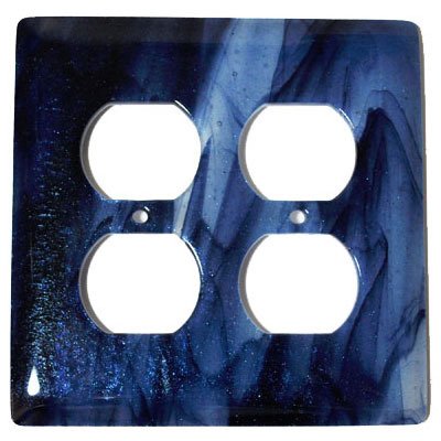 Double Outlet Glass Switchplate in Metallic Blue Clear Swirl
