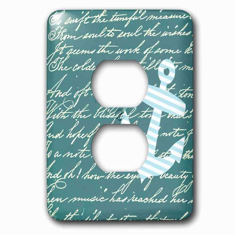 Single Duplex Outlet With Turquoise Anchor With Teal Blue Background And Handwriting Trendy Striped Sailor Nautical Design