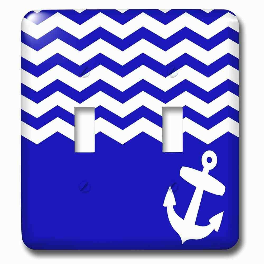 Double Toggle Wallplate With Navy Blue And White Chevron With Nautical Anchor Sailor Zig Zag Pattern Waves Sea Ocean Zigzags