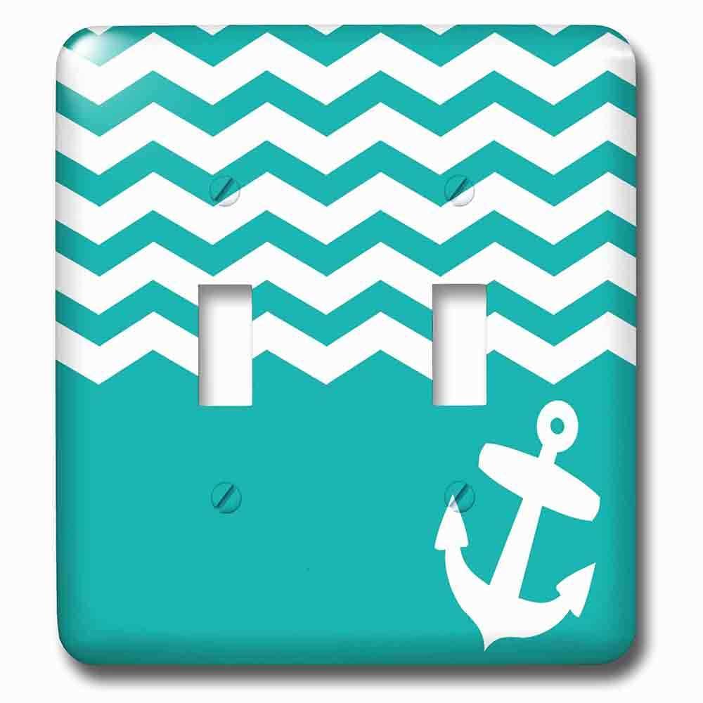 Double Toggle Wallplate With Turquoise And White Chevron With Nautical Anchor Sailor Zigzag Pattern Waves Teal Blue Green
