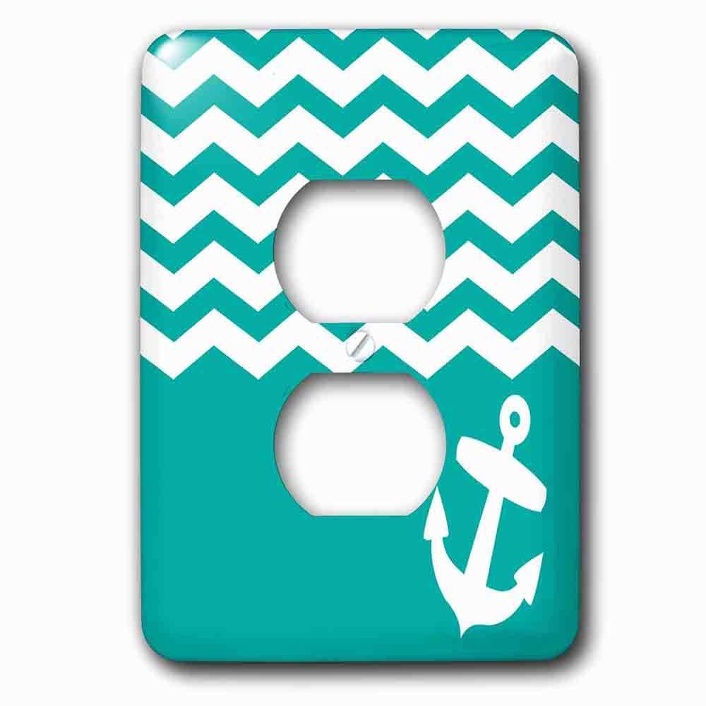 Single Duplex Outlet With Turquoise And White Chevron With Nautical Anchor Sailor Zigzag Pattern Waves Teal Blue Green