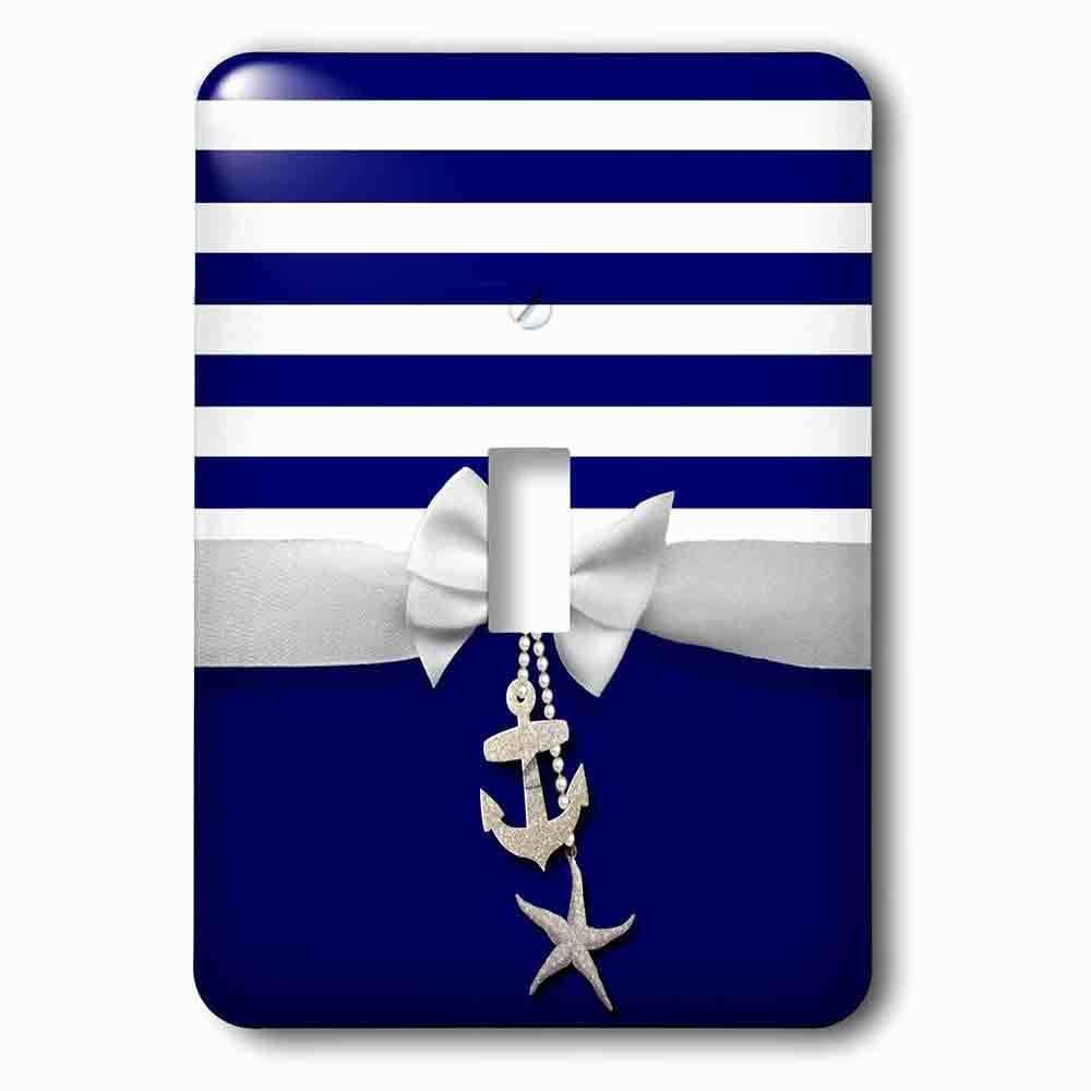 Single Toggle Wallplate With Nautical Navy Blue And White Stripes 2D Ribbon Bow Graphic And Printed Anchor And Starfish Charms
