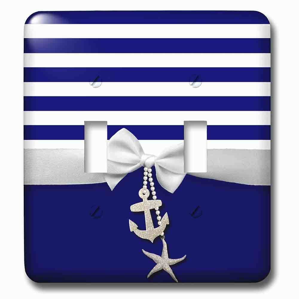 Double Toggle Wallplate With Nautical Navy Blue And White Stripes 2D Ribbon Bow Graphic And Printed Anchor And Starfish Charms