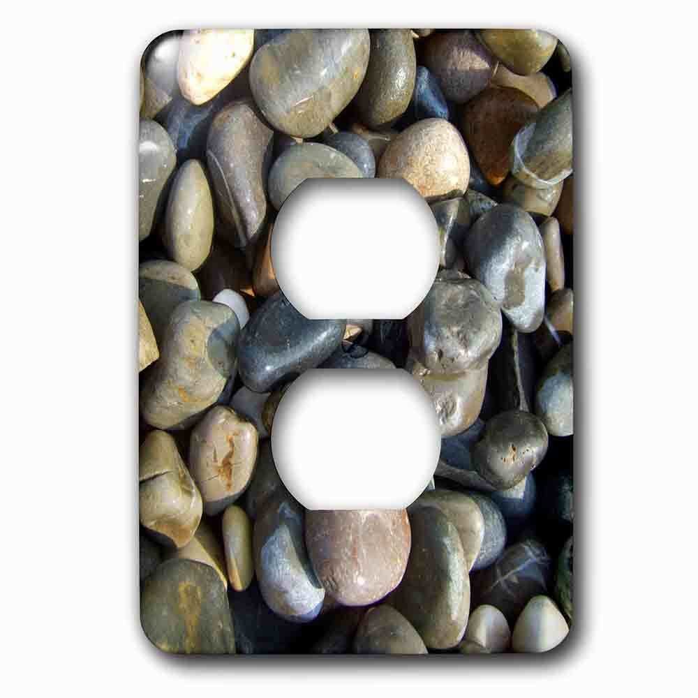 Single Duplex Outlet With Shiny Wet Beach Pebbles Texture Photo Little Stones Natural Rocks Nautical Grey Gray Brown Nature