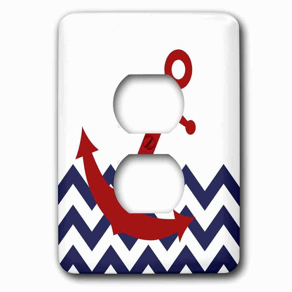 Single Duplex Outlet With Red Nautical Boat Anchor On Chevron Pattern
