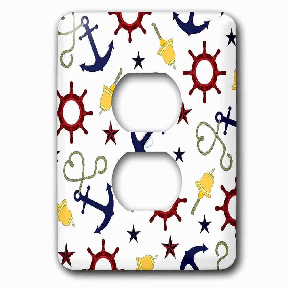 Single Duplex Outlet With Cute Nautical Print Anchor Rope Wheel And Bell Red White And Blue