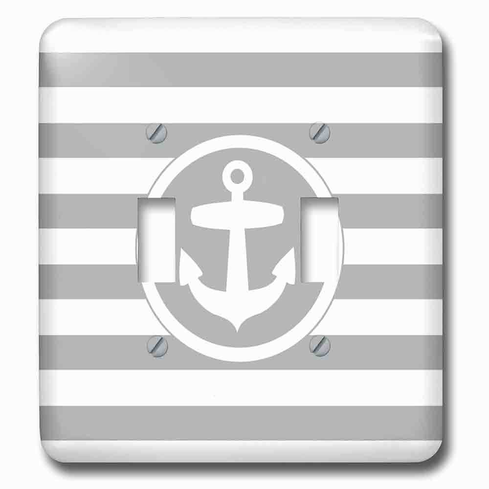 Double Toggle Wallplate With Nautical Anchor Circle Design On Grey And White Striped Gray Stripes