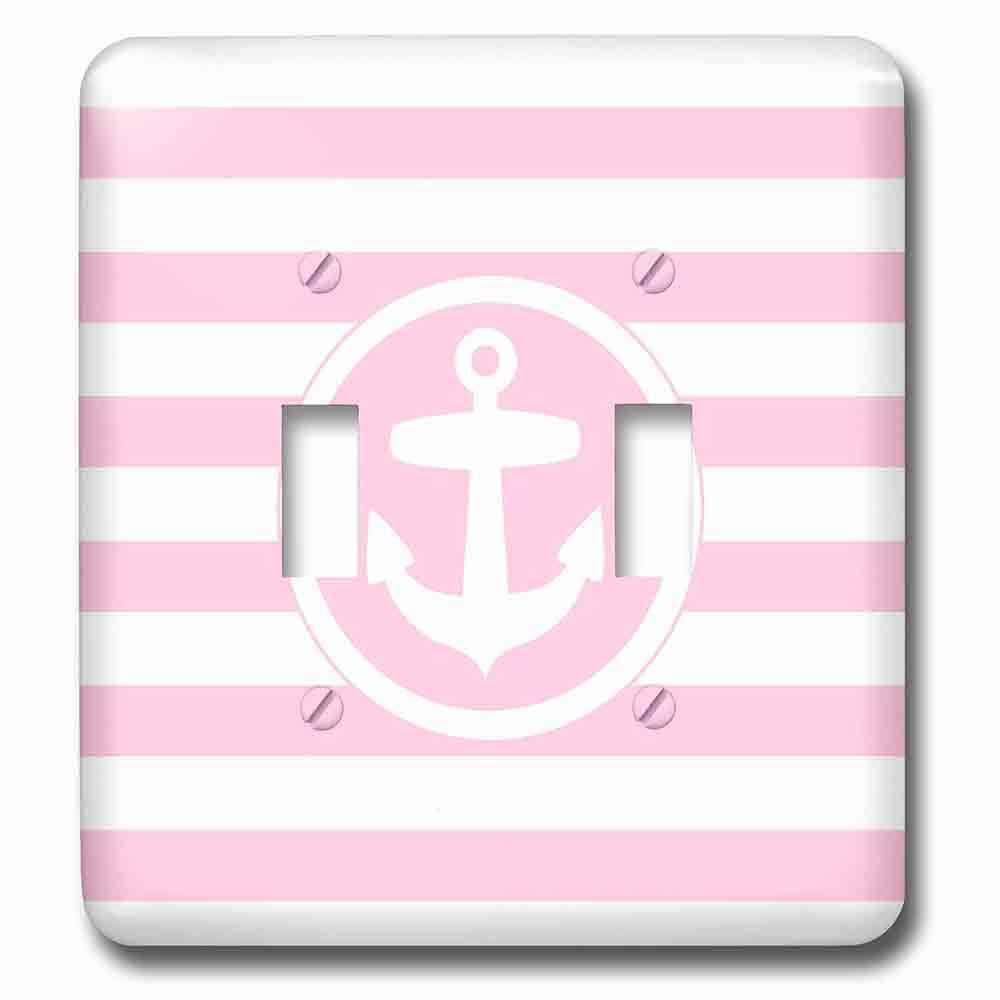 Double Toggle Wallplate With Nautical Anchor Circle On Light Pink And White Stripes Girly Striped