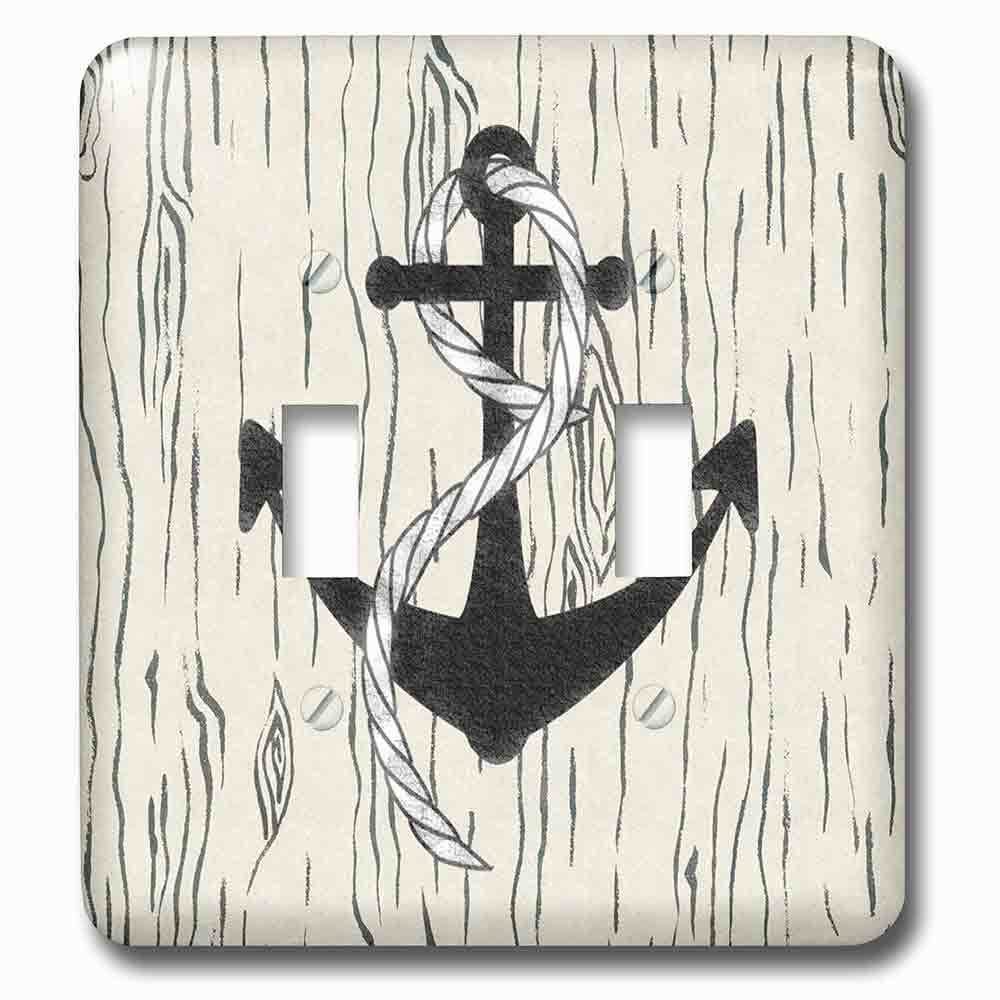 Double Toggle Wallplate With Image Of Black Anchor With Rope On Aged Gray Wood