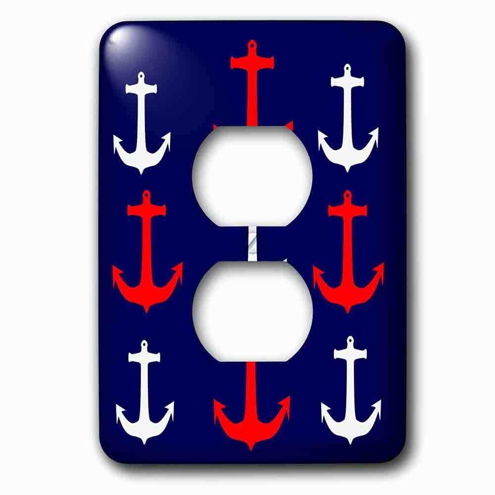 Single Duplex Outlet With Image Of Red And White Anchors In Rows On Navy Blue