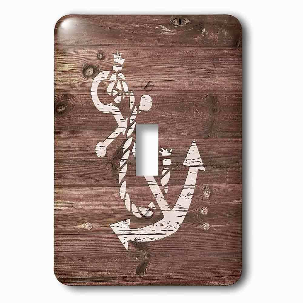 Single Toggle Wallplate With Distressed White Painted Anchor On Brown Wood Effectnot Real Wood