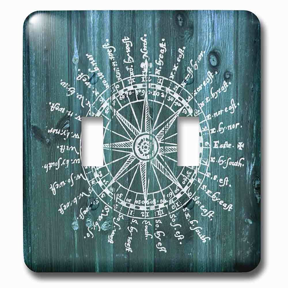 Double Toggle Wallplate With Antique Nautical Compass In White On Blue Wood Effectnot Real Wood