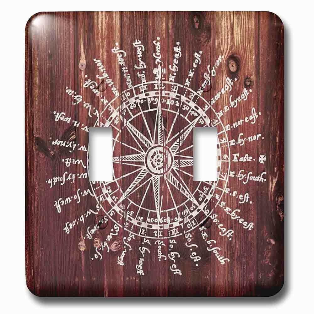 Double Toggle Wallplate With Antique Nautical Compass In White On Brown Wood Effectnot Real Wood