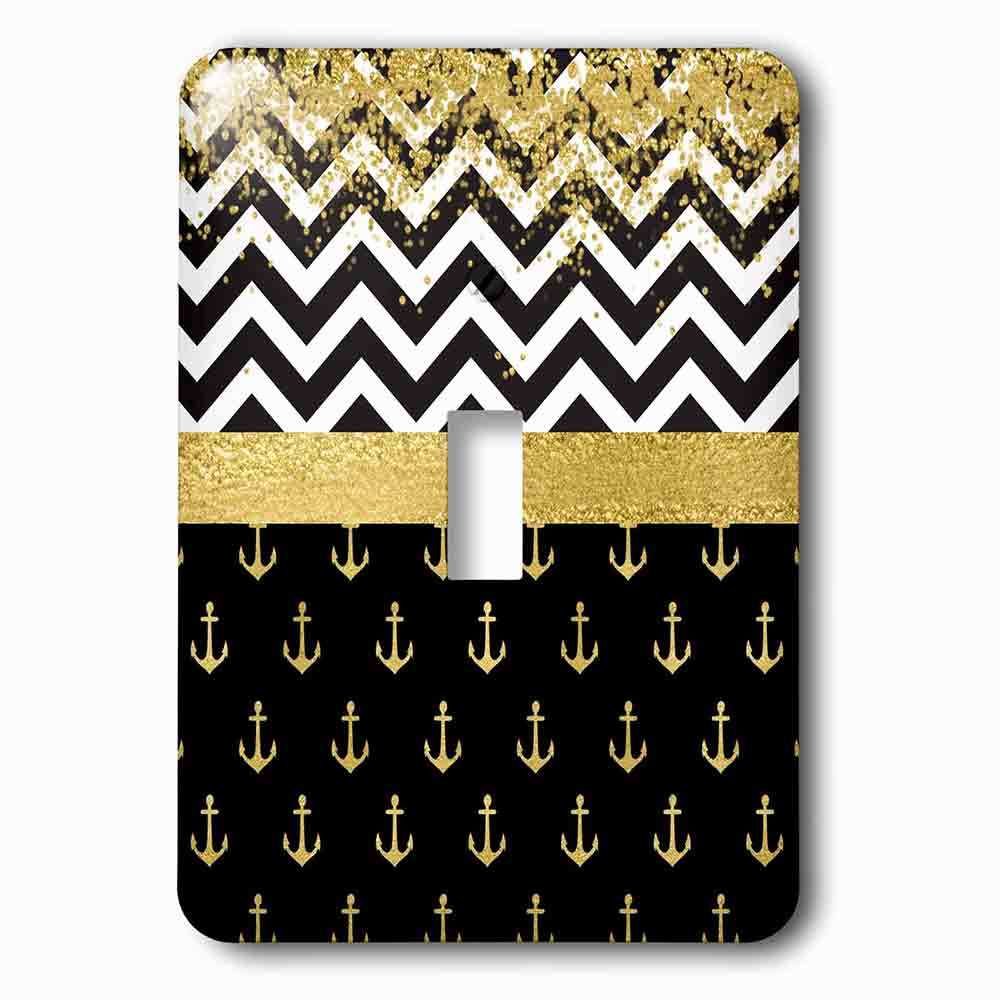 Single Toggle Wallplate With Image Of Glam Black, White, Gold Faux Glitter Chevron Stripes, Sailing Anchors