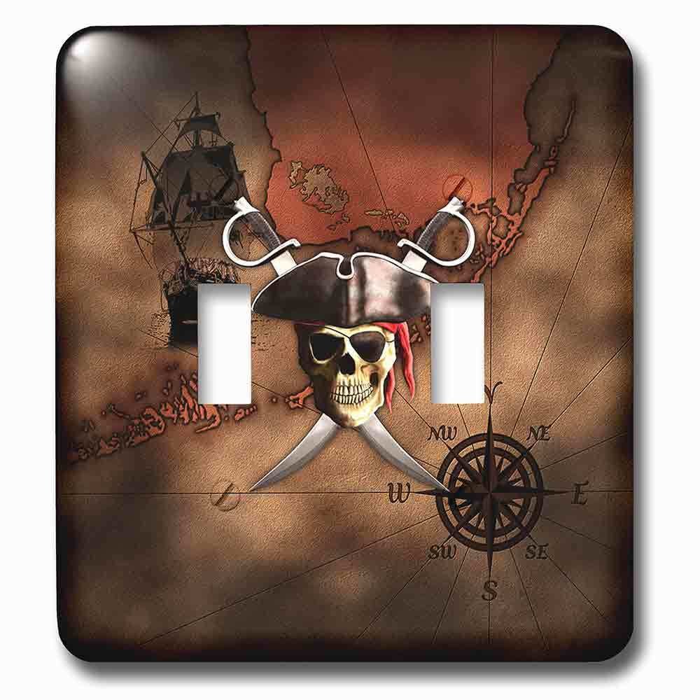 Double Toggle Wallplate With Pirate Skull And Crossed Swords Over A Nautical Pirate Map.