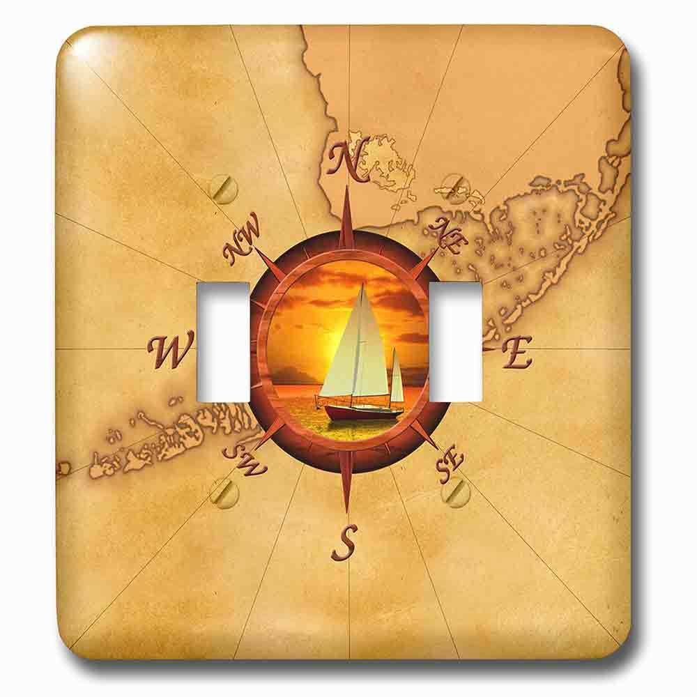Double Toggle Wallplate With Nautical Map And Compass Rose With Sailboat And Ocean Sunset.
