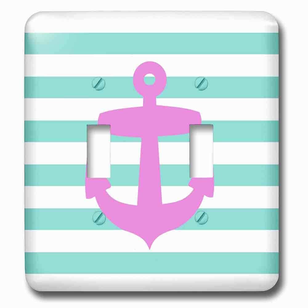 Double Toggle Wallplate With Retro Nautical Pink Anchor With Teal Turquoise Blue Sailor Stripes Pattern French Breton Stripe