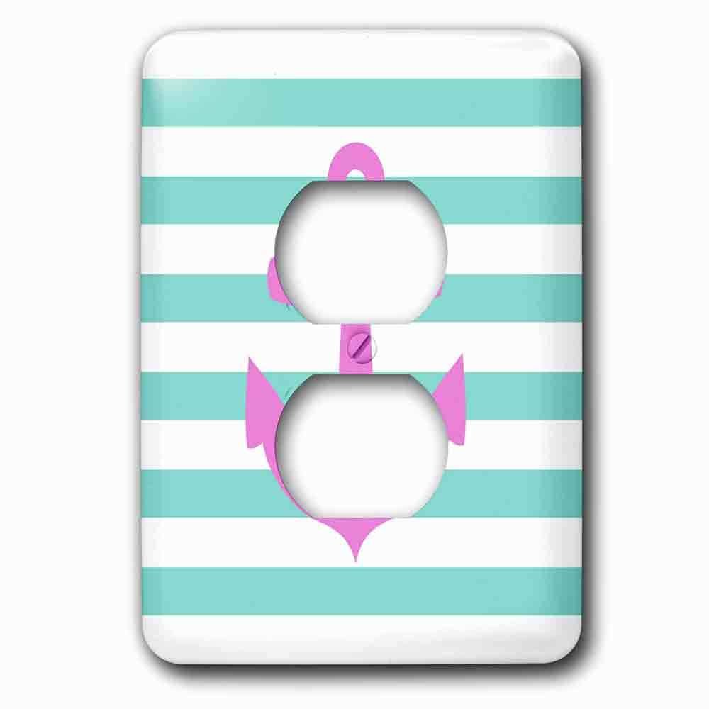 Single Duplex Outlet With Retro Nautical Pink Anchor With Teal Turquoise Blue Sailor Stripes Pattern French Breton Stripe