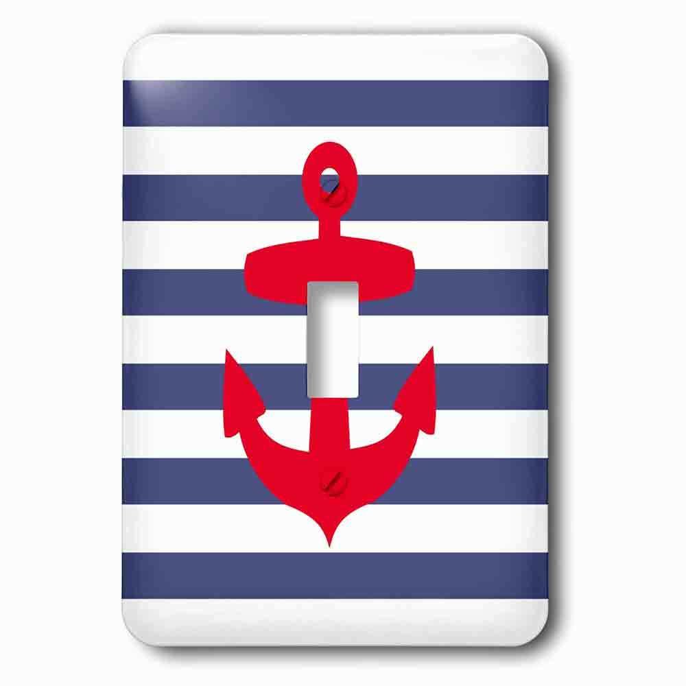 Single Toggle Wallplate With Retro Nautical Red Anchor With Navy Blue Sailor Stripe Pattern French Breton Stripes