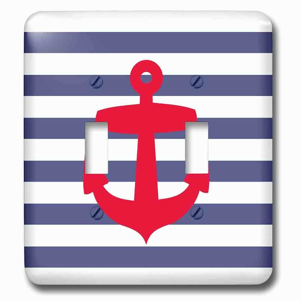 Double Toggle Wallplate With Retro Nautical Red Anchor With Navy Blue Sailor Stripe Pattern French Breton Stripes
