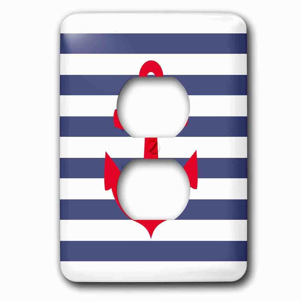 Single Duplex Outlet With Retro Nautical Red Anchor With Navy Blue Sailor Stripe Pattern French Breton Stripes