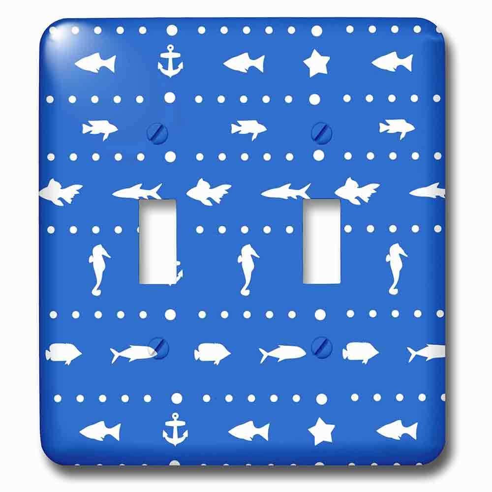 Double Toggle Wallplate With Dark Navy Blue And White Contemporary Fish Starfish Seahorses And Anchor Nautical Sea Ocean Pattern