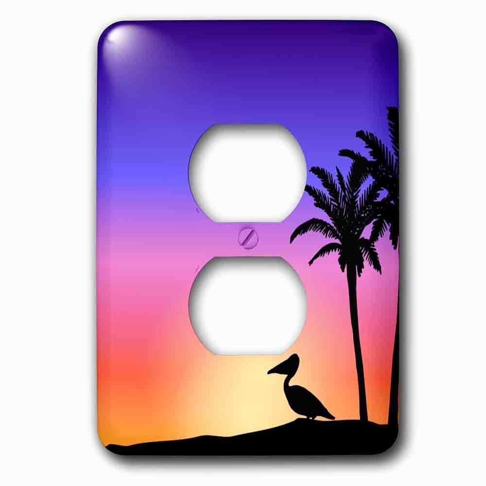 Single Duplex Outlet With Tropical Palm Trees And Pelican Silhouette At Sunset Beach Nautical Seaside Scene