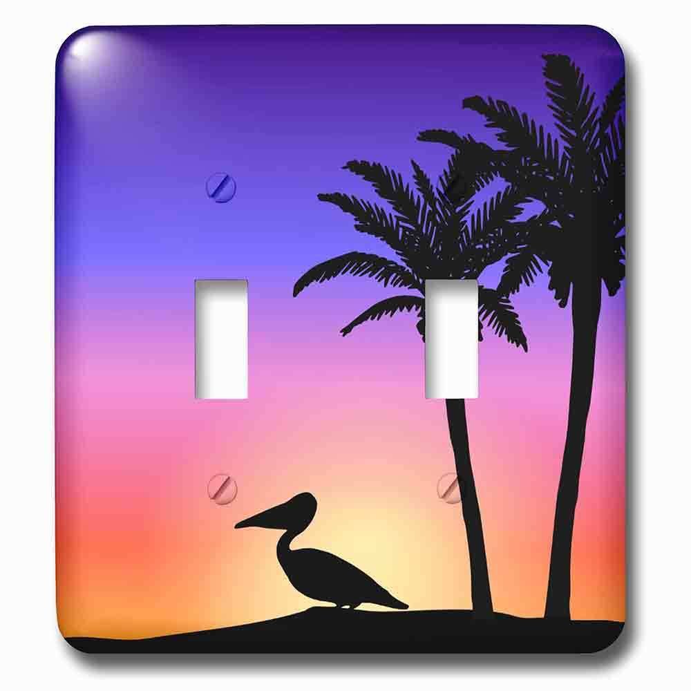 Double Toggle Wallplate With Tropical Palm Trees And Pelican Bird Silhouette At Colorful Sunset Beach Nautical Seaside Scene