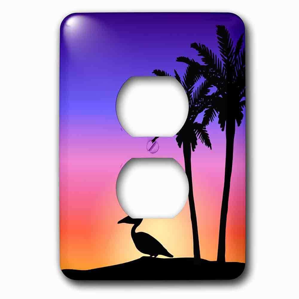 Single Duplex Outlet With Tropical Palm Trees And Pelican Bird Silhouette At Colorful Sunset Beach Nautical Seaside Scene
