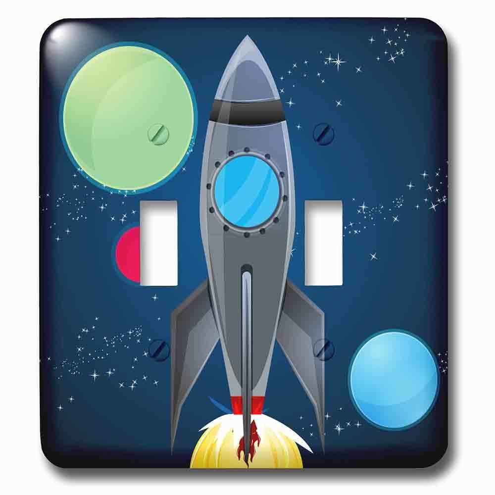Double Toggle Wallplate With Boys Rocket Ship With Planets Design On A Dark Blue Background