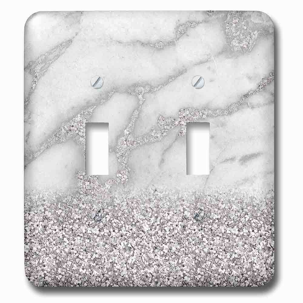 Double Toggle Wallplate With Luxury Grey Silver Gem Stone Marble Glitter Metallic Faux Print