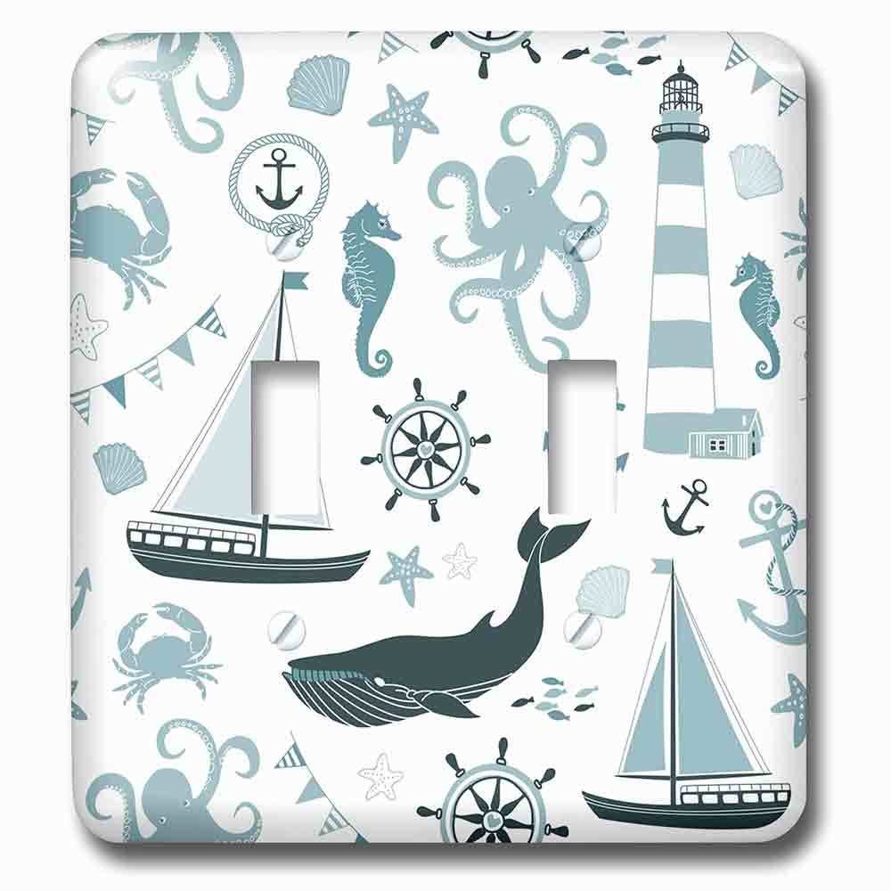 Double Toggle Wallplate With Blue And White Nautical Theme Octopus, Boat, Anchor