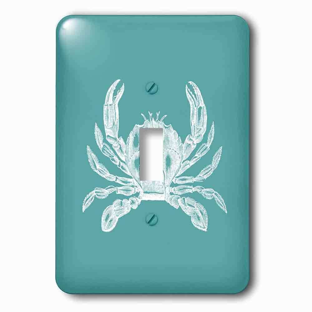 Single Toggle Wallplate With White Crab Etched Teal Turquoise Aqua Blue Nautical Beach Sea Ocean