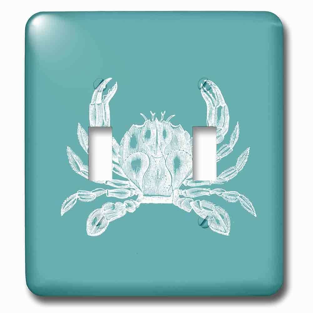 Double Toggle Wallplate With White Crab Etched Teal Turquoise Aqua Blue Nautical Beach Sea Ocean