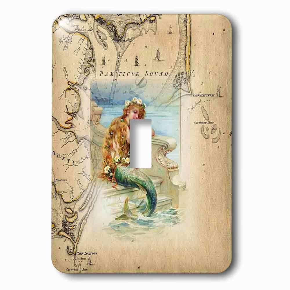 Single Toggle Wallplate With Print Of Vintage Map Outer Banks With Mermaid