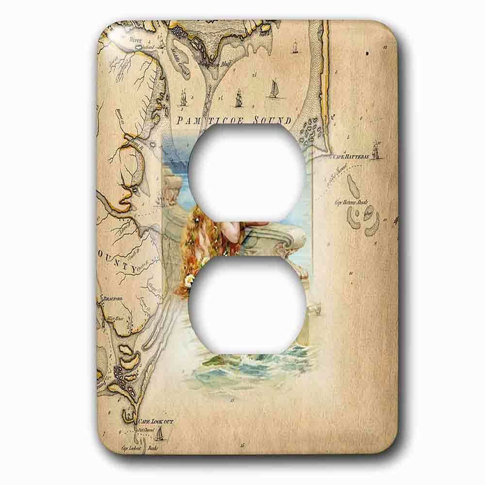 Single Duplex Outlet With Print Of Vintage Map Outer Banks With Mermaid