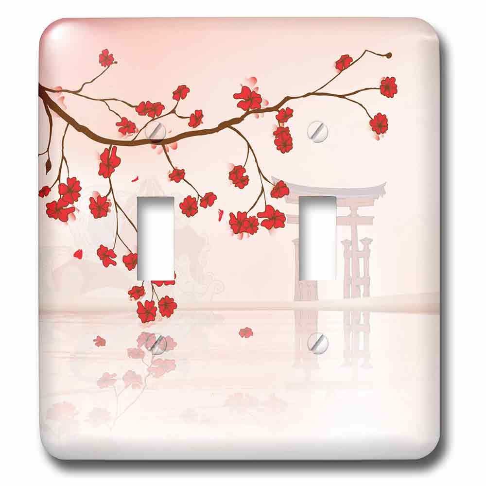 Double Toggle Switchplate With Japanese Sakura Red Cherry Blossoms Branching Reflecting Over Water