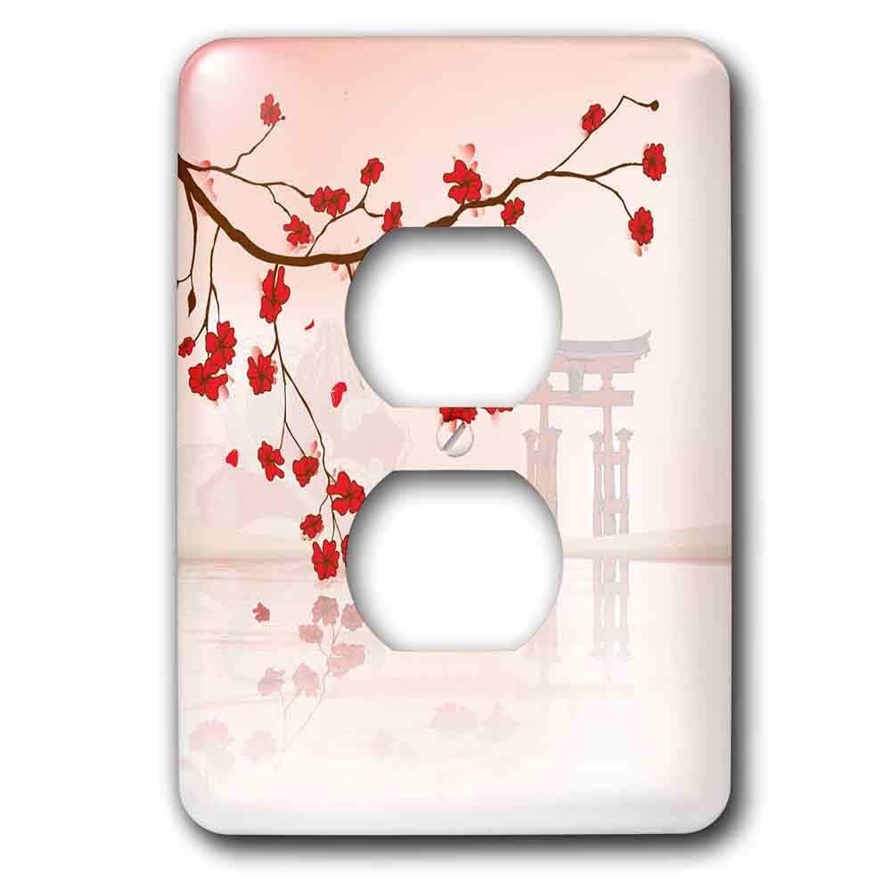Single Duplex Switchplate With Japanese Sakura Red Cherry Blossoms Branching Reflecting Over Water
