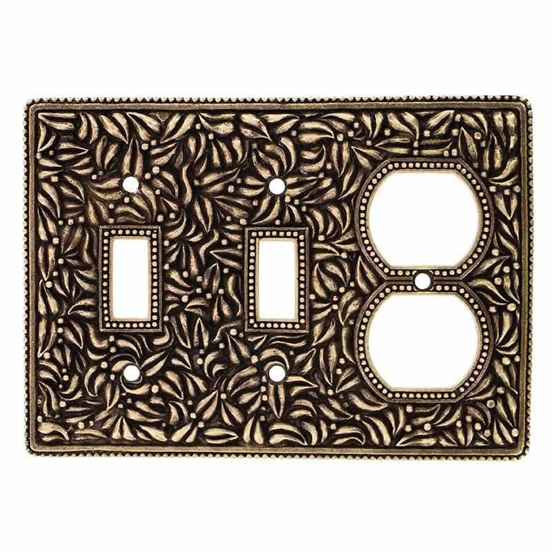 Double Toggle Single Outlet Combo Jumbo Switchplate in Antique Brass